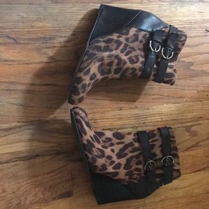 Cheetah wedge booties boots with buckles